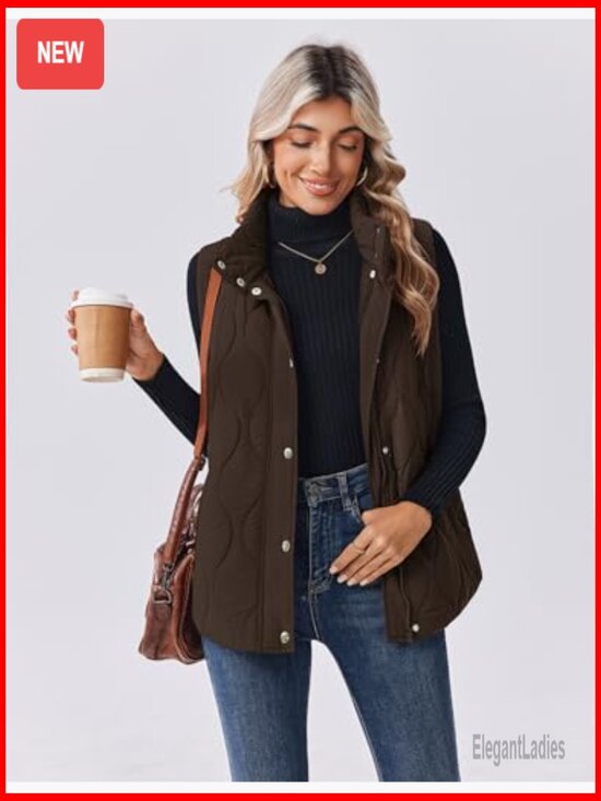 Women's Sleeveless Puffer Vest Quilted Jacket Lightweight Snap Zip Up - Picture 2 of 7